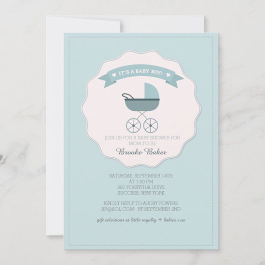 Blue Baby Carriage Baby shower Invitation Kaart (Voorkant)