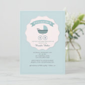 Blue Baby Carriage Baby shower Invitation Kaart (Staand voorkant)
