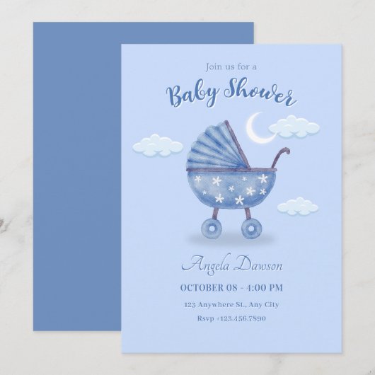 Blue baby Carriage baby shower Kaart (Voorkant / Achterkant)