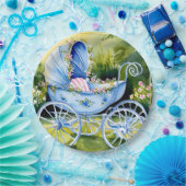 Blue Baby Carriage in Garden Bloom Papieren Bordje (Feest)
