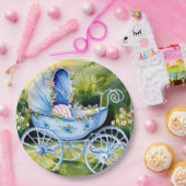  Blue Baby Carriage in Garden Bloom Papieren Bordje (Feest)