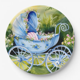  Blue Baby Carriage in Garden Bloom Papieren Bordje
