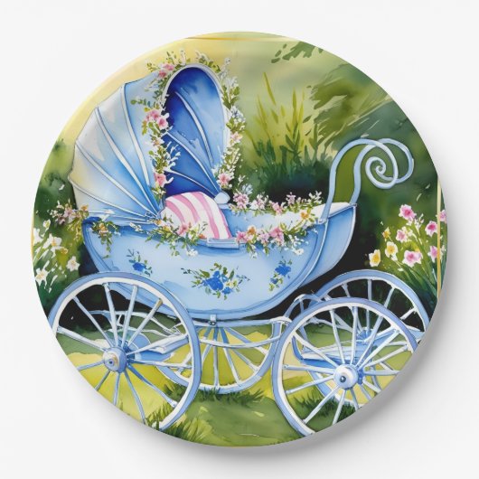  Blue Baby Carriage in Garden Bloom Papieren Bordje (Voorkant)