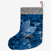 Blue Baby Carriage & Stars Silver Faux Glitter Kleine Kerstsok (Achterkant)