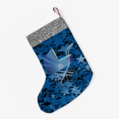 Blue Baby Carriage & Stars Silver Faux Glitter Kleine Kerstsok (Achterkant (Hangend))