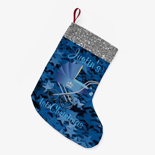 Blue Baby Carriage & Stars Silver Faux Glitter Kleine Kerstsok (Voorkant (Hangend))