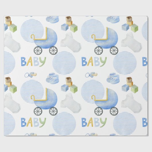 Blue Baby Carriage Waterverf Baby shower Cadeaupapier (Vlak)
