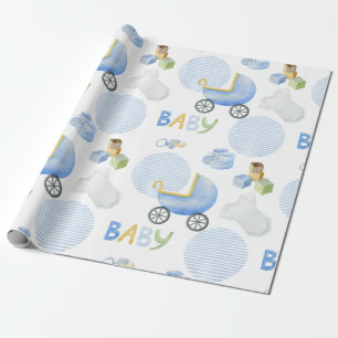 Blue Baby Carriage Waterverf Baby shower Cadeaupapier