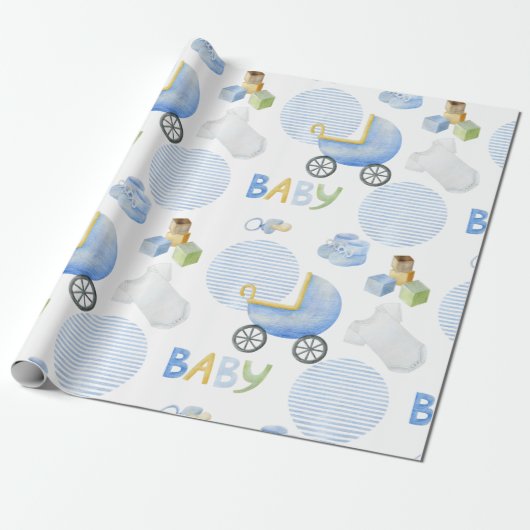 Blue Baby Carriage Waterverf Baby shower Cadeaupapier (Uitgerold)