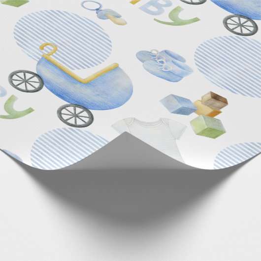 Blue Baby Carriage Waterverf Baby shower Cadeaupapier (Hoek)
