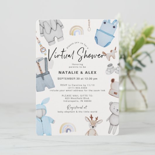 Blue Baby Clothes & Toys Boy Virtual Baby shower Kaart (Staand voorkant)