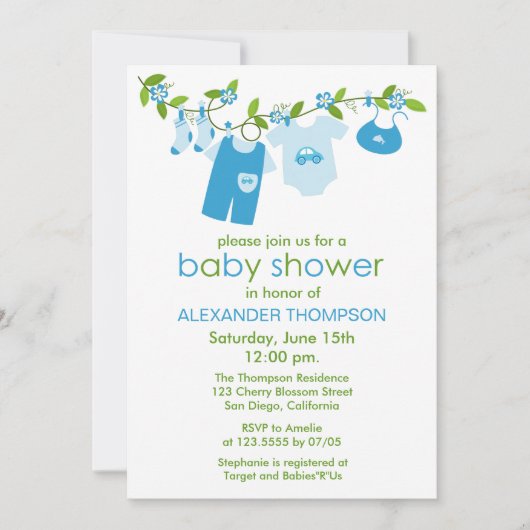 Blue Baby Clothesline Baby Shower Invitations Kaart (Voorkant)