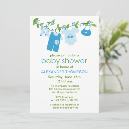 Blue Baby Clothesline Baby Shower Invitations Kaart (Staand voorkant)