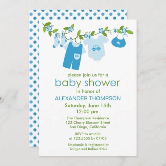 Blue Baby Clothesline Baby Shower Invitations Kaart (Voorkant / Achterkant)
