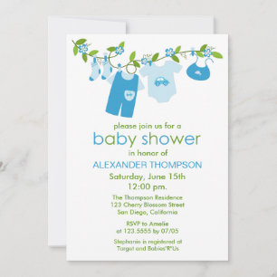Blue Baby Clothesline Baby Shower Invitations Kaart