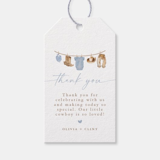 Blue Baby Clothesline Little Cowboy Baby Shower Cadeaulabel (Voorkant)