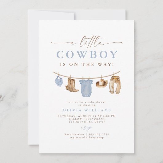 Blue Baby Clothesline Little Cowboy Baby shower Kaart (Voorkant)