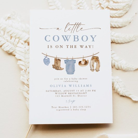 Blue Baby Clothesline Little Cowboy Baby shower Kaart
