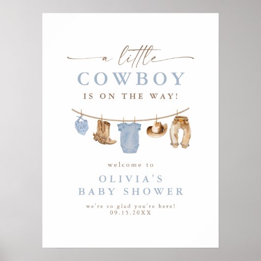 Blue Baby Clothesline Little Cowboy Baby shower Poster (Voorkant)