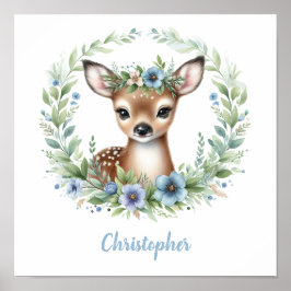 Blue Baby Deer met Bloemenkrans Poster
