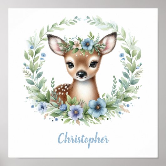Blue Baby Deer met Bloemenkrans Poster (Voorkant)