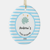 Blue Baby Dino | Eerste kerstbaby Blauwe Stripe | Keramisch Ornament (Rechts)