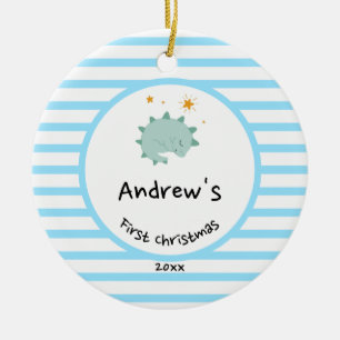 Blue Baby Dino   Eerste kerstbaby Blauwe Stripe   Keramisch Ornament