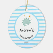 Blue Baby Dino | Eerste kerstbaby Blauwe Stripe | Keramisch Ornament (Links)