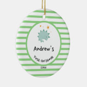 Blue Baby Dino | Eerste kerstgroene streep Keramisch Ornament (Rechts)