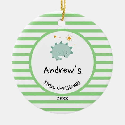 Blue Baby Dino | Eerste kerstgroene streep Keramisch Ornament (Voorkant)