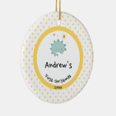 Blue Baby Dino | Eerste kerstmangelpokadot Keramisch Ornament (Rechts)