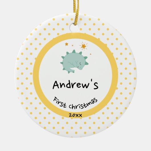 Blue Baby Dino | Eerste kerstmangelpokadot Keramisch Ornament (Voorkant)