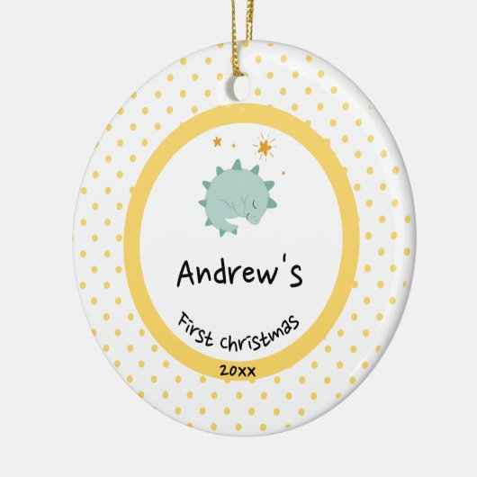 Blue Baby Dino | Eerste kerstmangelpokadot Keramisch Ornament (Links)