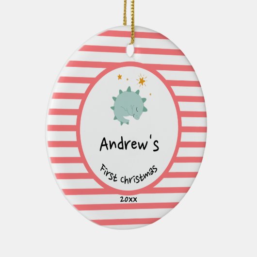 Blue Baby Dino | Eerste kerstrode stripper Keramisch Ornament (Rechts)