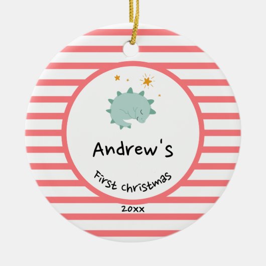 Blue Baby Dino | Eerste kerstrode stripper Keramisch Ornament (Voorkant)