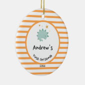 Blue Baby Dino | Eerste Oranje kerststreep Keramisch Ornament (Rechts)