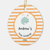 Blue Baby Dino | Eerste Oranje kerststreep Keramisch Ornament (Links)