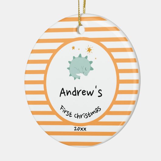 Blue Baby Dino | Eerste Oranje kerststreep Keramisch Ornament (Links)