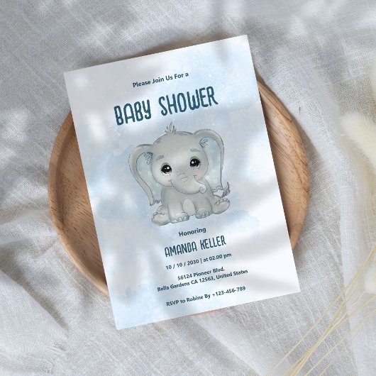 Blue Baby Elephant Baby shower Invitation Kaart