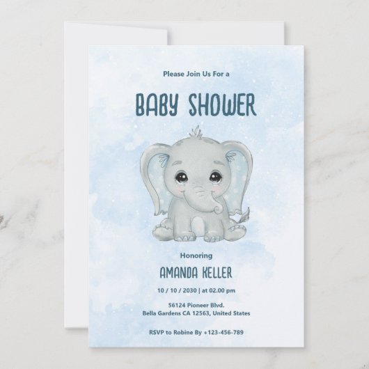 Blue Baby Elephant Baby shower Invitation Kaart (Voorkant)