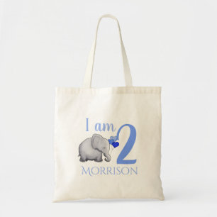 Blue Baby Elephant Custom Age & Name/2nd Birthday Tote Bag
