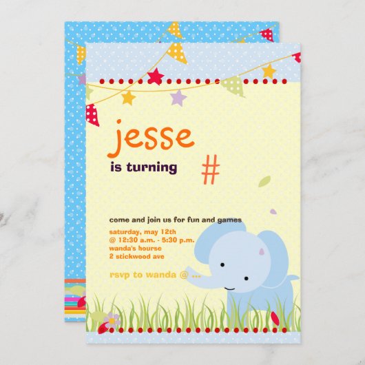 Blue Baby Elephant gepersonaliseerde partij Kaart (Voorkant / Achterkant)