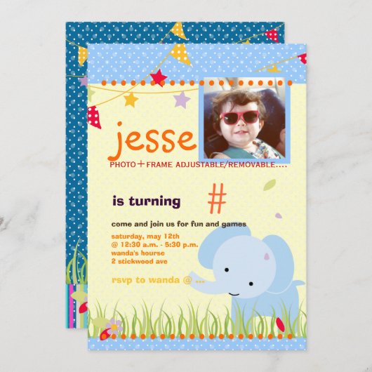 Blue Baby Elephant gepersonaliseerde partij Kaart (Voorkant / Achterkant)