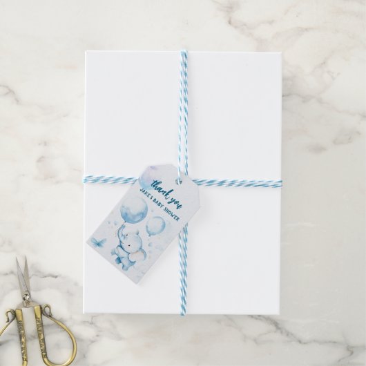 Blue Baby Elephant Waterverf Gift Labels Cadeaulabel (Met Touw)
