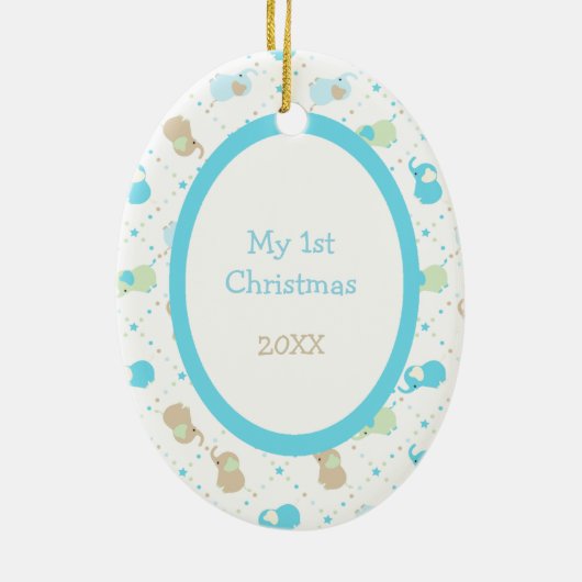 Blue Baby Elephants First kerstfoto Sjabloon Keramisch Ornament (Achterkant)
