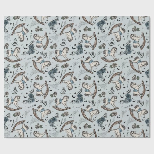 Blue Baby Gothic Floral Rocking Horse Cadeaupapier (Vlak)