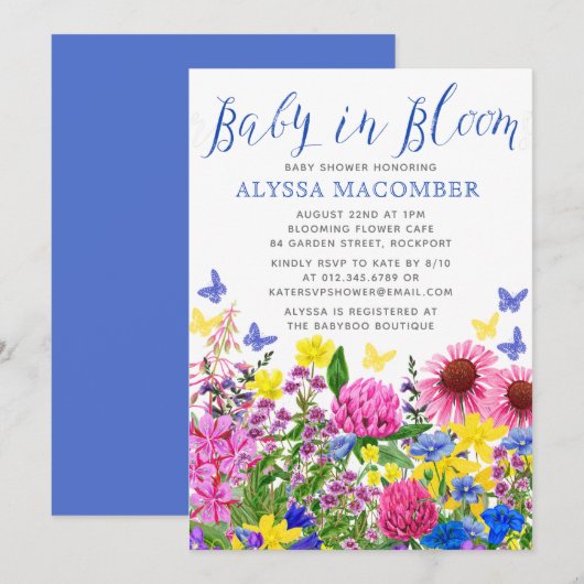 Blue Baby in Bloom Floral Baby shower Invitation Kaart (Voorkant / Achterkant)