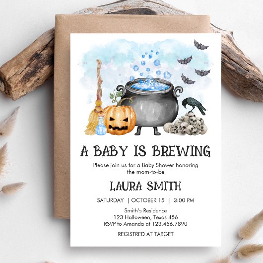 Blue Baby is Brewing Halloween Baby Shower Kaart