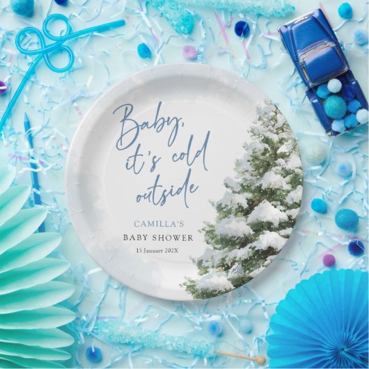 Blue Baby It's Cold Outside Baby Shower Papieren Bordje (Feest)