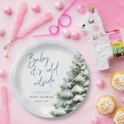 Blue Baby It's Cold Outside Baby Shower Papieren Bordje (Feest)